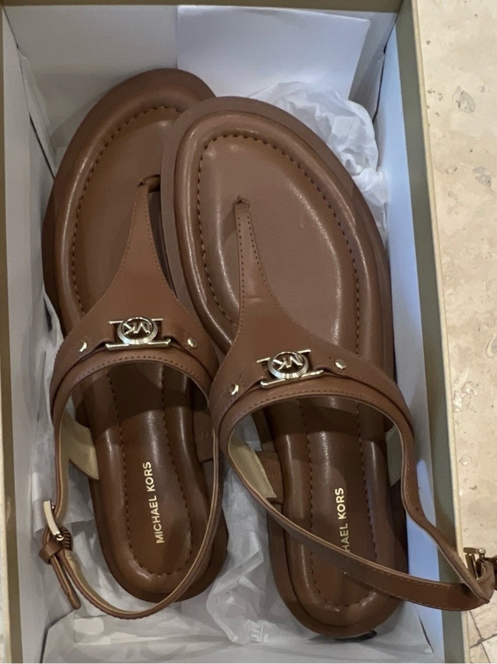 MICHAEL Michael Kors Brown Leather Thong Sandals with Gold MK Accent
